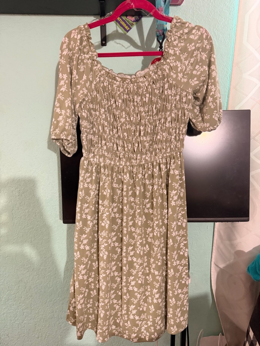 Trinhology Floral Smocked Mini Dress Size L Sage Green Cottagecore